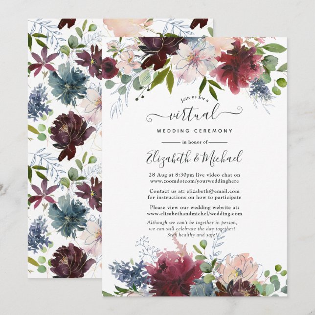 Convites Casamento Virtual Floral em Borgonha, Azul Marinho (Frente/Verso)