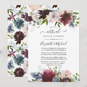 Convites Casamento Virtual Floral em Borgonha, Azul Marinho