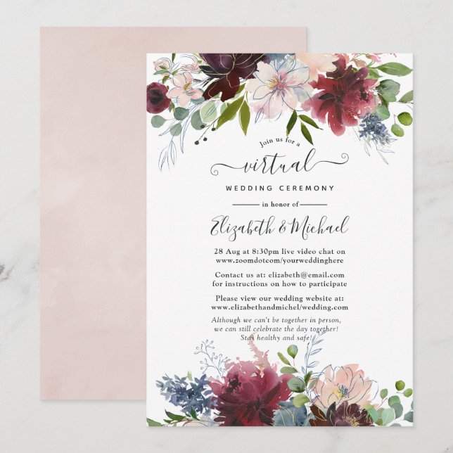 Convites Casamento Virtual Floral em Borgonha, Azul Marinho (Frente/Verso)