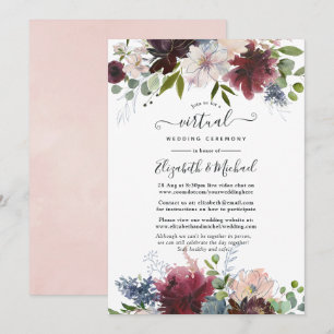 Convites Casamento Virtual Floral em Borgonha, Azul Marinho