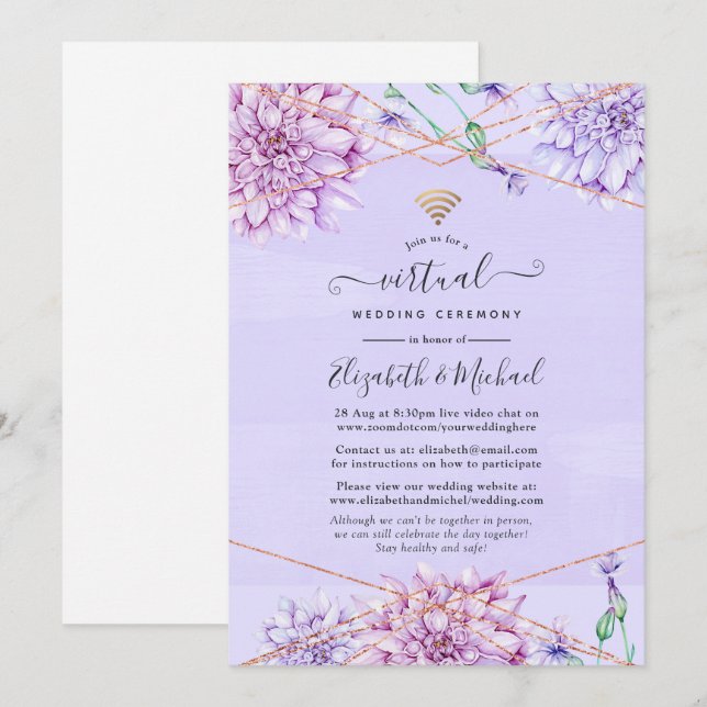 Convites Casamento Virtual Floral em Lavanda e Dourado Rosa (Frente/Verso)