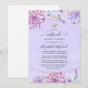 Convites Casamento Virtual Floral em Lavanda e Dourado Rosa