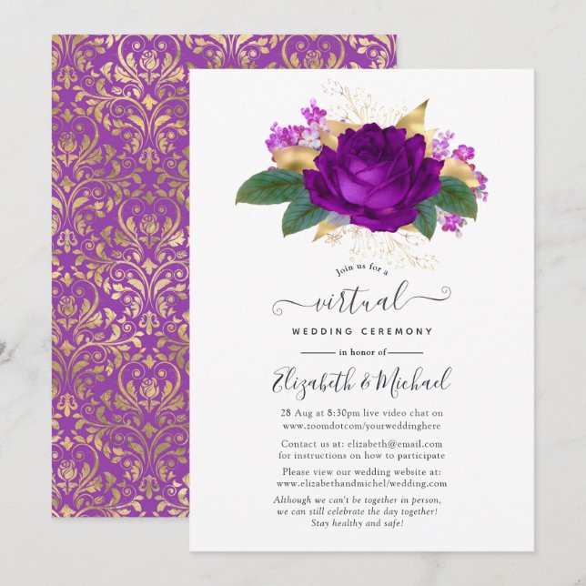 Convites Casamento Virtual Floral em Roxo Real e Dourado (Frente/Verso)