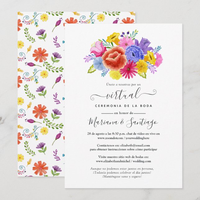Convites Casamento Virtual Floral Espanhol Fiesta Aquarela (Frente/Verso)
