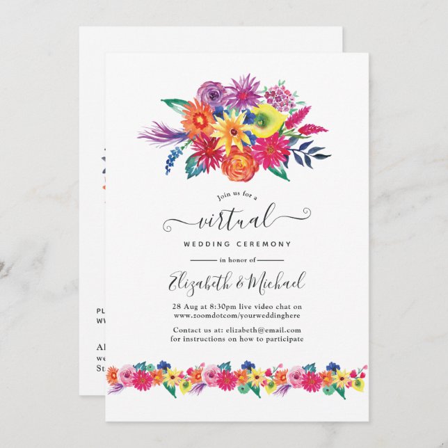 Convites Casamento Virtual Floral Fiesta Online (Frente/Verso)