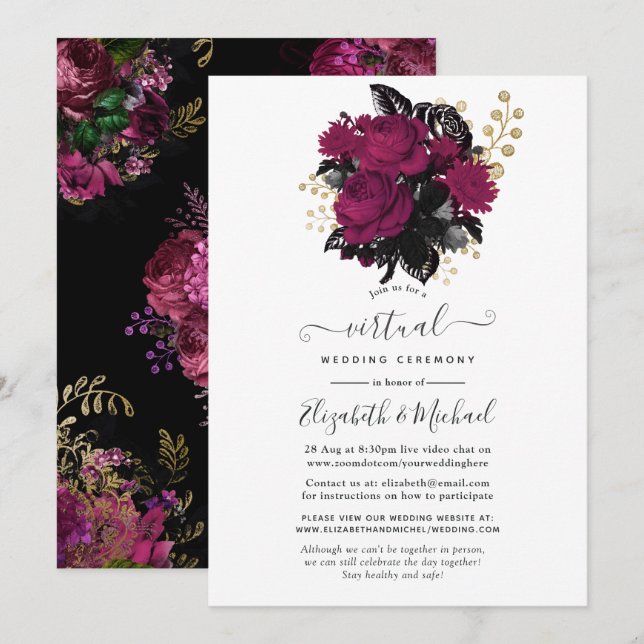 Convites Casamento Virtual Floral Marsala e Dourado (Frente/Verso)