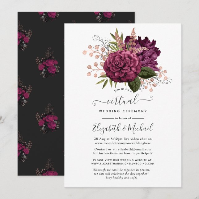 Convites Casamento Virtual Floral Marsala e Dourado Rosa (Frente/Verso)