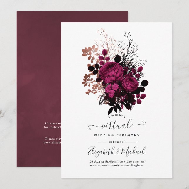 Convites Casamento Virtual Floral Marsala e Dourado Rosa (Frente/Verso)