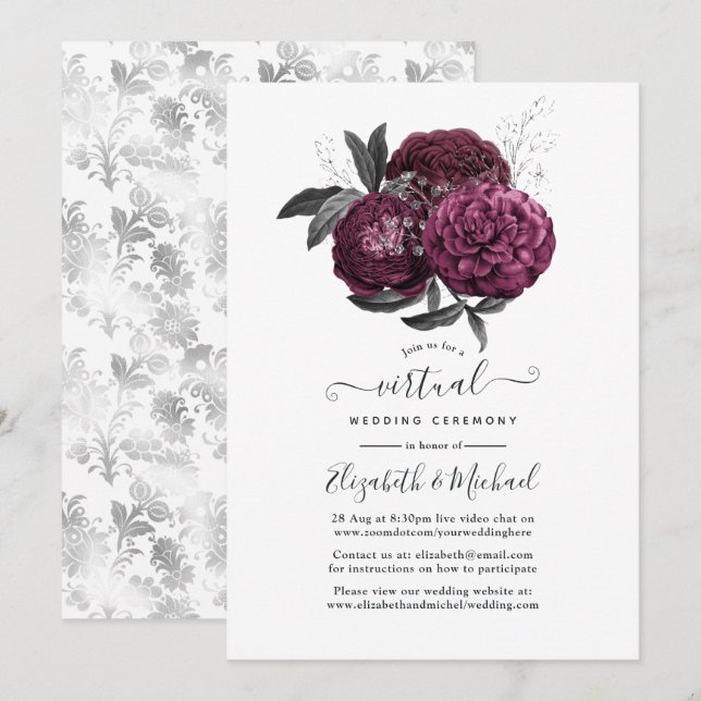 Convites Casamento Virtual Floral Marsala, Preto e Prata (Frente/Verso)