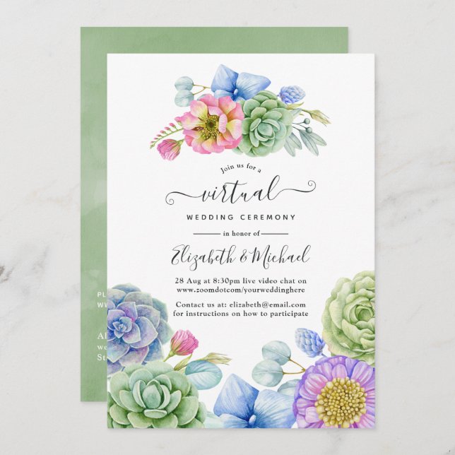 Convites Casamento Virtual Floral Online Trendy Succulent (Frente/Verso)