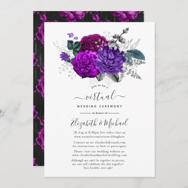 Convites Casamento Virtual Floral Real Roxo e Prata (Frente/Verso)
