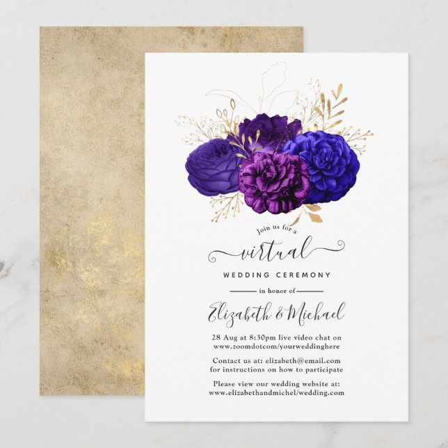 Convites Casamento Virtual Floral Roxo, Azul Real e Dourado (Frente/Verso)