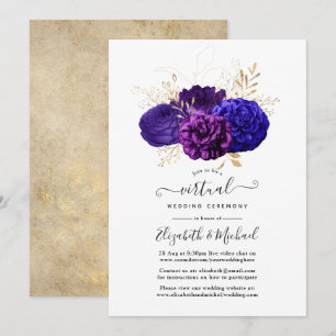Convites Casamento Virtual Floral Roxo, Azul Real e Dourado