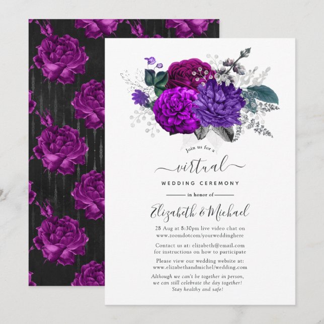 Convites Casamento Virtual Floral Roxo e Prata (Frente/Verso)