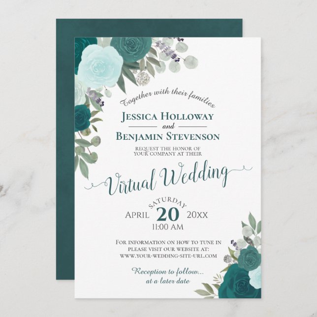 Convites Casamento Virtual Floral Rustic Teal Watercolor (Frente/Verso)