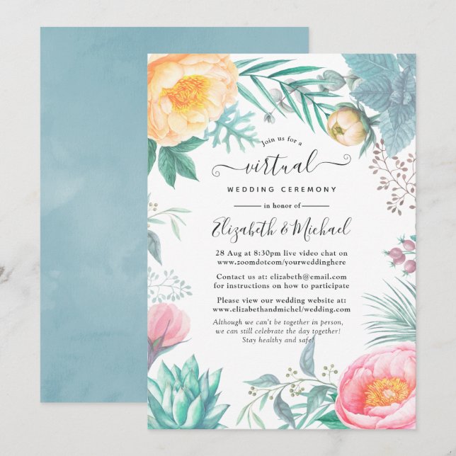 Convites Casamento Virtual Floral Tropical de Dusty Pastel (Frente/Verso)