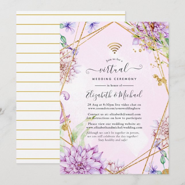 Convites Casamento Virtual Geométrico Floral Rosa e Dourado (Frente/Verso)