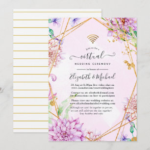 Convites Casamento Virtual Geométrico Floral Rosa e Dourado