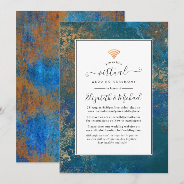Convites Casamento Virtual Grunge Copper Patina & Turquesa (Frente/Verso)