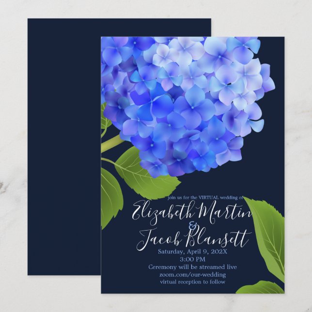 Convites Casamento Virtual Hydrangea Azul Watercolor (Frente/Verso)