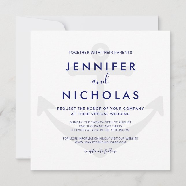 Convites Casamento Virtual Moderno com Âncora Náutica Azul  (Frente)
