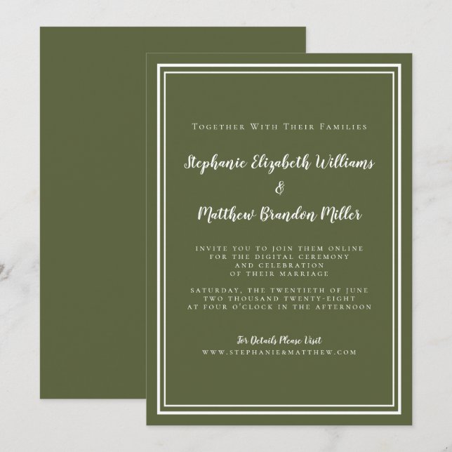 Convites Casamento Virtual Olive Green Minimalista Transmis (Frente/Verso)