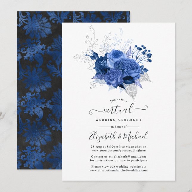 Convites Casamento Virtual Online Azul Real e Floral de Pra (Frente/Verso)