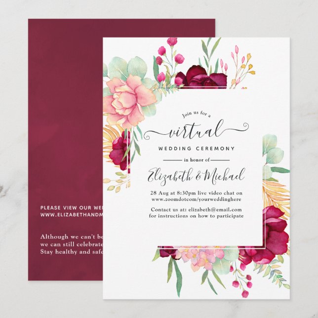 Convites Casamento Virtual Online Burgundy e Blush Floral (Frente/Verso)