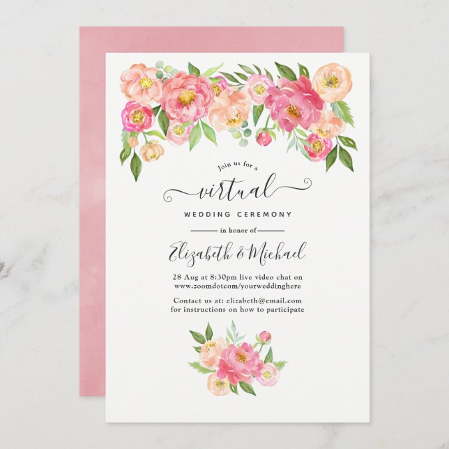 Convites Casamento Virtual Online da Pastel Pink Watercolor (Frente/Verso)