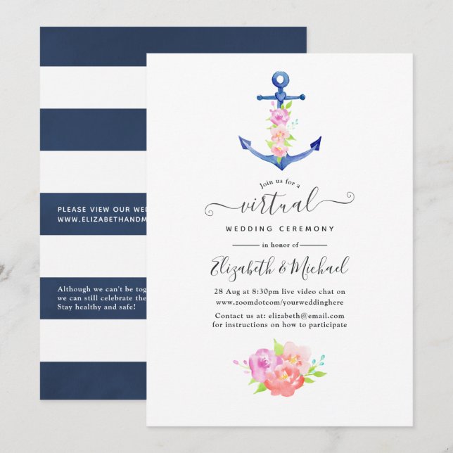 Convites Casamento Virtual Online de Aguarela Náutica (Frente/Verso)