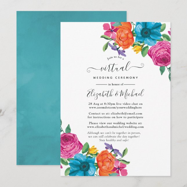 Convites Casamento Virtual Online de Floral Aquarela Fiesta (Frente/Verso)