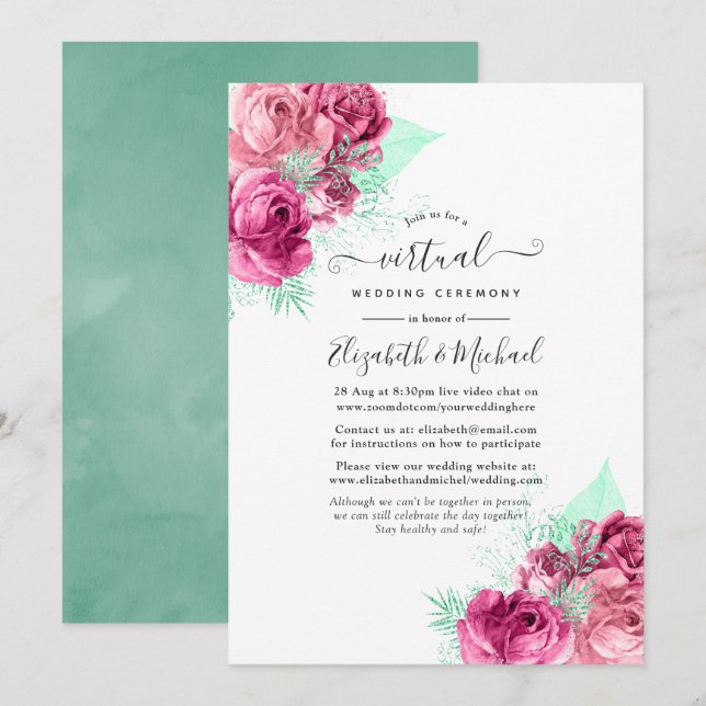 Convites Casamento Virtual Online de Flores Rosa e Hortelã (Frente/Verso)