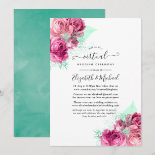 Convites Casamento Virtual Online de Flores Rosa e Hortelã