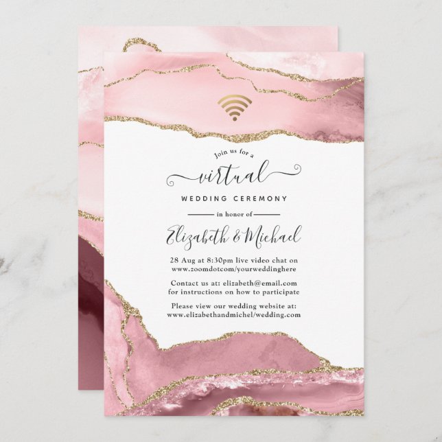 Convites Casamento Virtual Online do Agate Blush e Dourado (Frente/Verso)