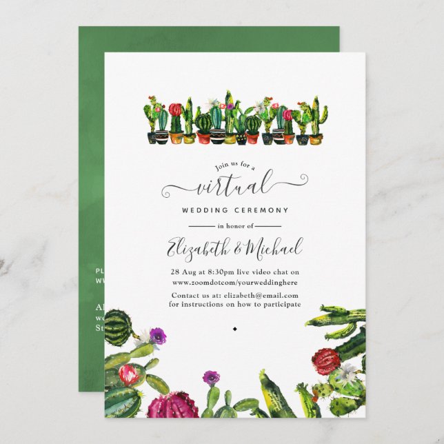 Convites Casamento Virtual Online Do Cactus Succulents Fies (Frente/Verso)