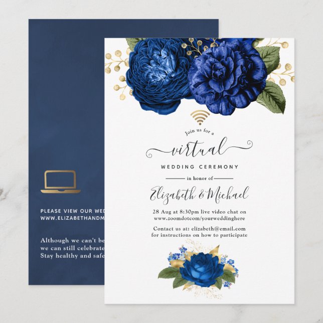 Convites Casamento Virtual Online Floral Azul e Dourado (Frente/Verso)
