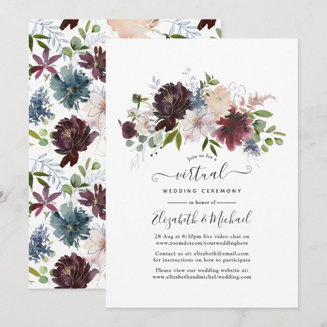 Convites Casamento Virtual Online Floral Burgundy e Blush (Frente/Verso)