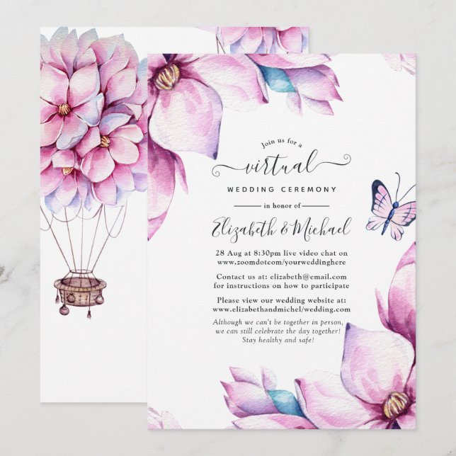 Convites Casamento Virtual Online Floral da Magnolia Rosa (Frente/Verso)