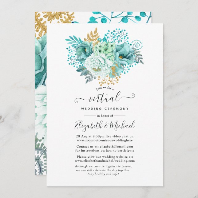 Convites Casamento Virtual Online Floral da Mint Watercolor (Frente/Verso)