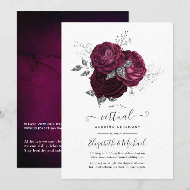 Convites Casamento Virtual Online Floral em Borgonha e Prat (Frente/Verso)