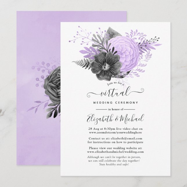 Convites Casamento Virtual Online Floral Lilás e Carvão (Frente/Verso)