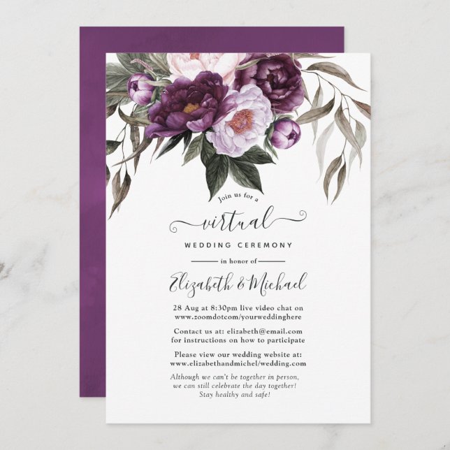 Convites Casamento Virtual Online Floral Profundo Velvet (Frente/Verso)