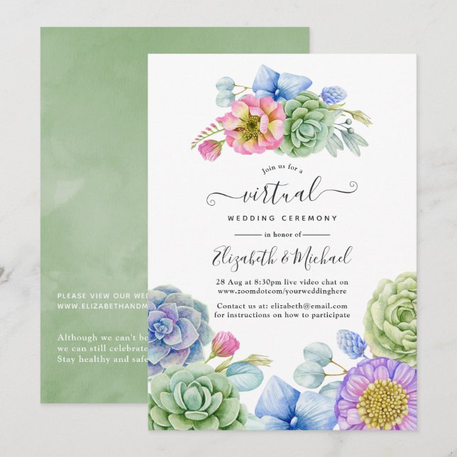 Convites Casamento Virtual Online Floral Suculento da Moda (Frente/Verso)