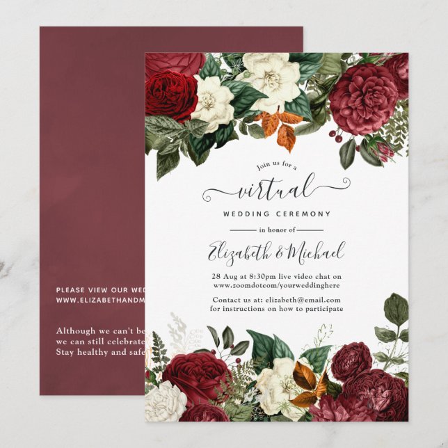 Convites Casamento Virtual Online Floral Vermelho Vinho Bor (Frente/Verso)