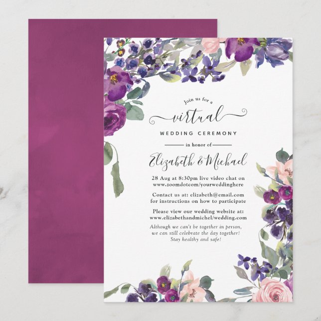 Convites Casamento Virtual Online Floral Violet e Plum (Frente/Verso)