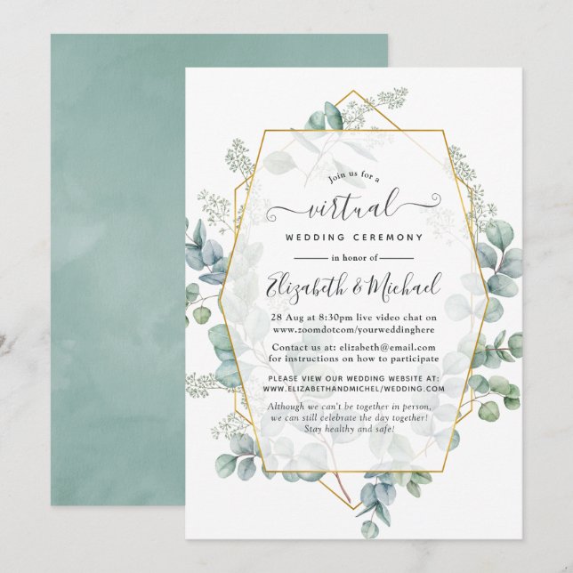Convites Casamento Virtual Online Geométrico de Eucalipto d (Frente/Verso)