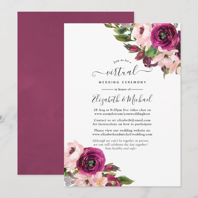 Convites Casamento Virtual Online Marsala e Floral Rosé (Frente/Verso)