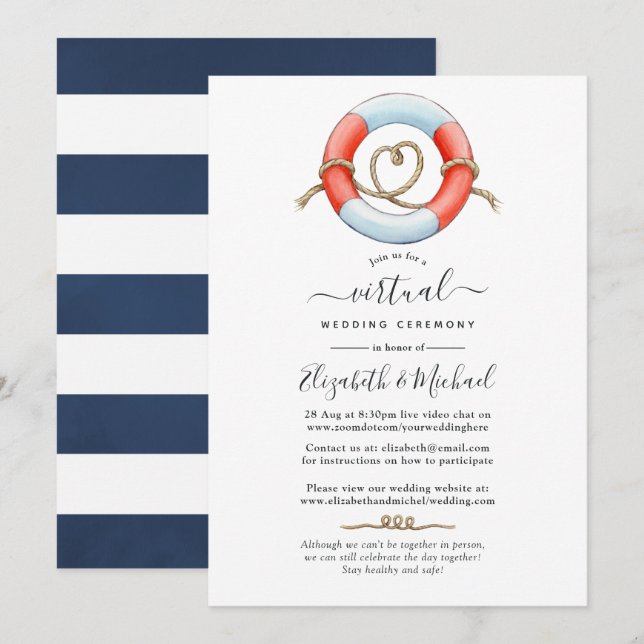 Convites Casamento Virtual Online Náutico em Aquarela (Frente/Verso)