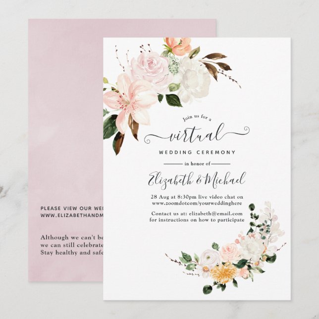 Convites Casamento Virtual Online Pastel Floral (Frente/Verso)