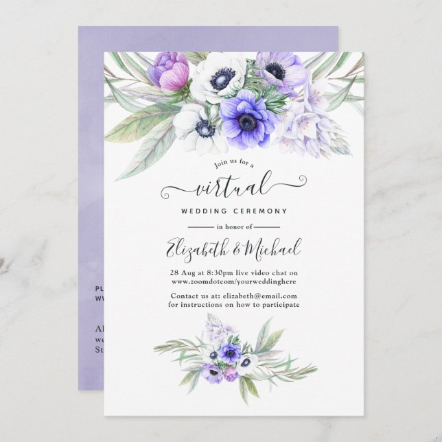 Convites Casamento Virtual Online Pastel Violet Floral (Frente/Verso)